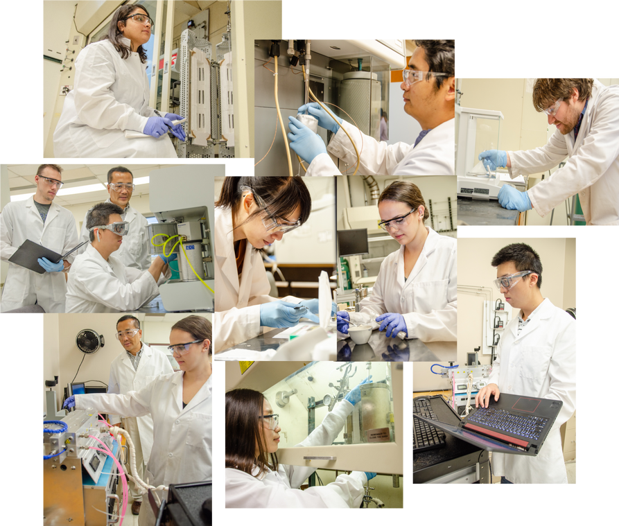 Collage of photos showing grad students doing research in a lab